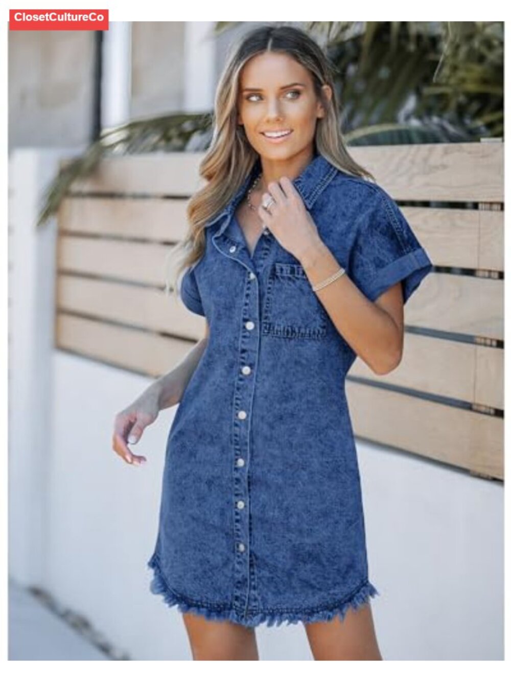 Denim Shift Dress Button Down Short Sleeve Raw Hem Pockets Casual Summer - Picture 2 of 6